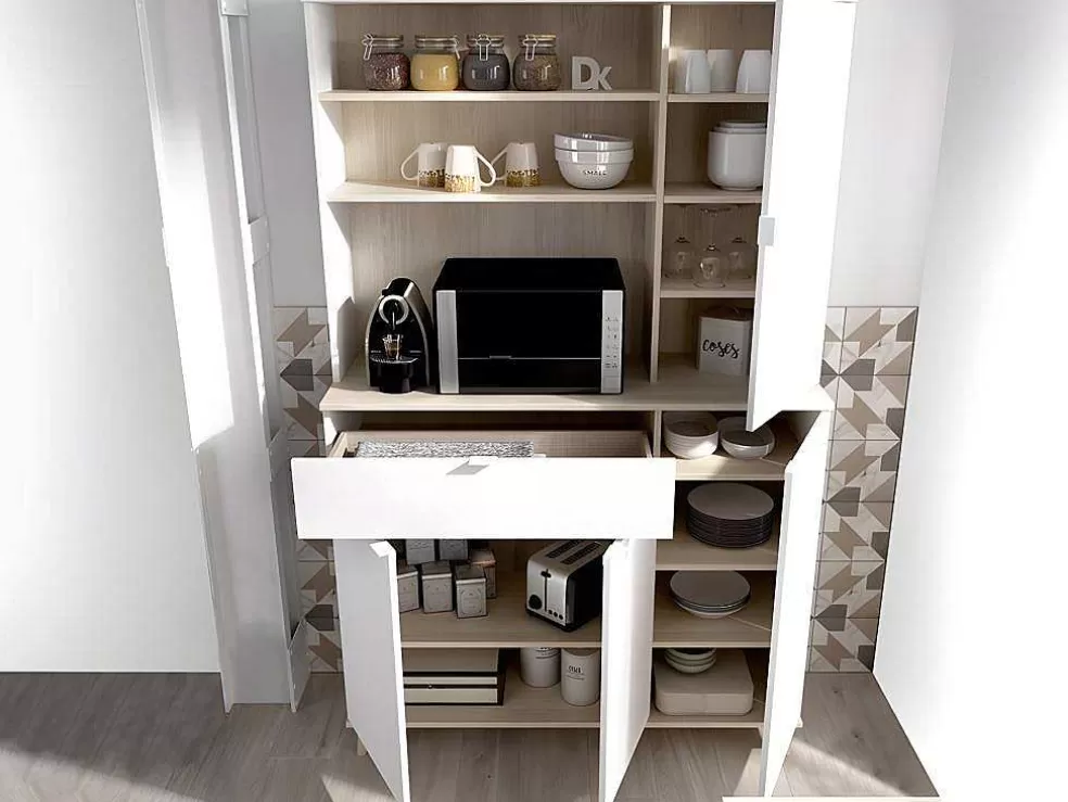 Vente-unique Aparador De Cozinha Com 4 Portas, 1 Gaveta E 3 Nichos Cor Branco E Carvalho - Wajdi* Móvel De Cozinha