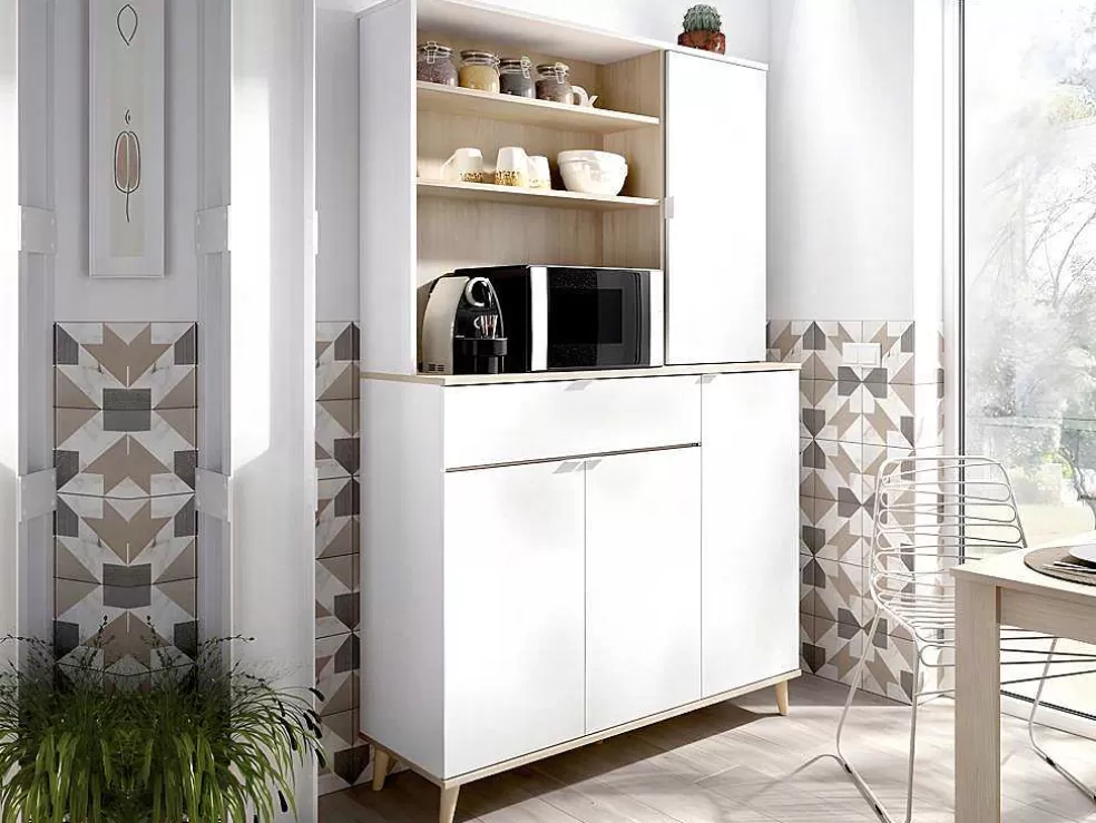 Vente-unique Aparador De Cozinha Com 4 Portas, 1 Gaveta E 3 Nichos Cor Branco E Carvalho - Wajdi* Móvel De Cozinha