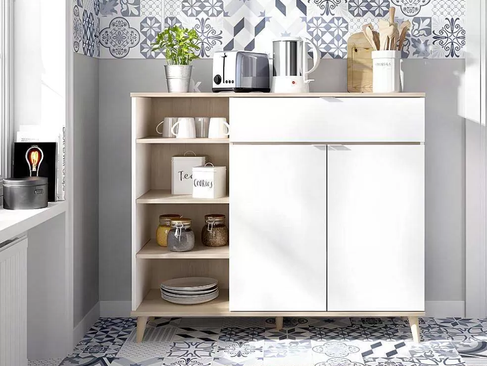 Vente-unique Aparador De Cozinha Com 2 Portas, 1 Gaveta E 4 Nichos Cor Branco E Carvalho - Wajdi* Móvel De Cozinha