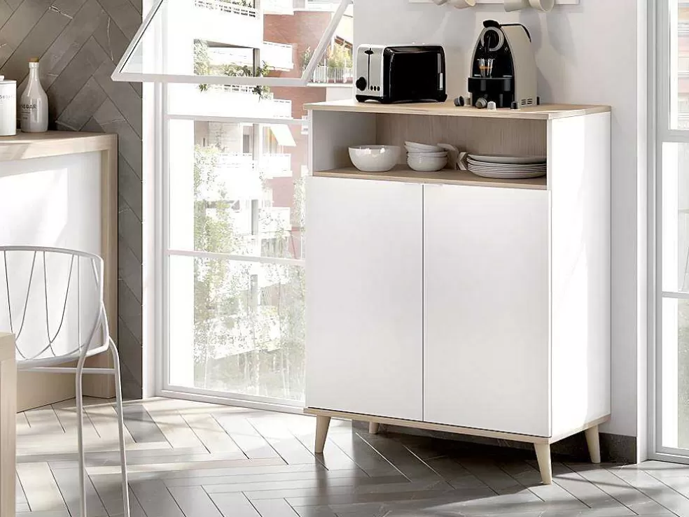 Vente-unique Aparador De Cozinha Com 2 Portas E 1 Nicho Cor Branco E Carvalho - Wajdi* Móvel De Cozinha
