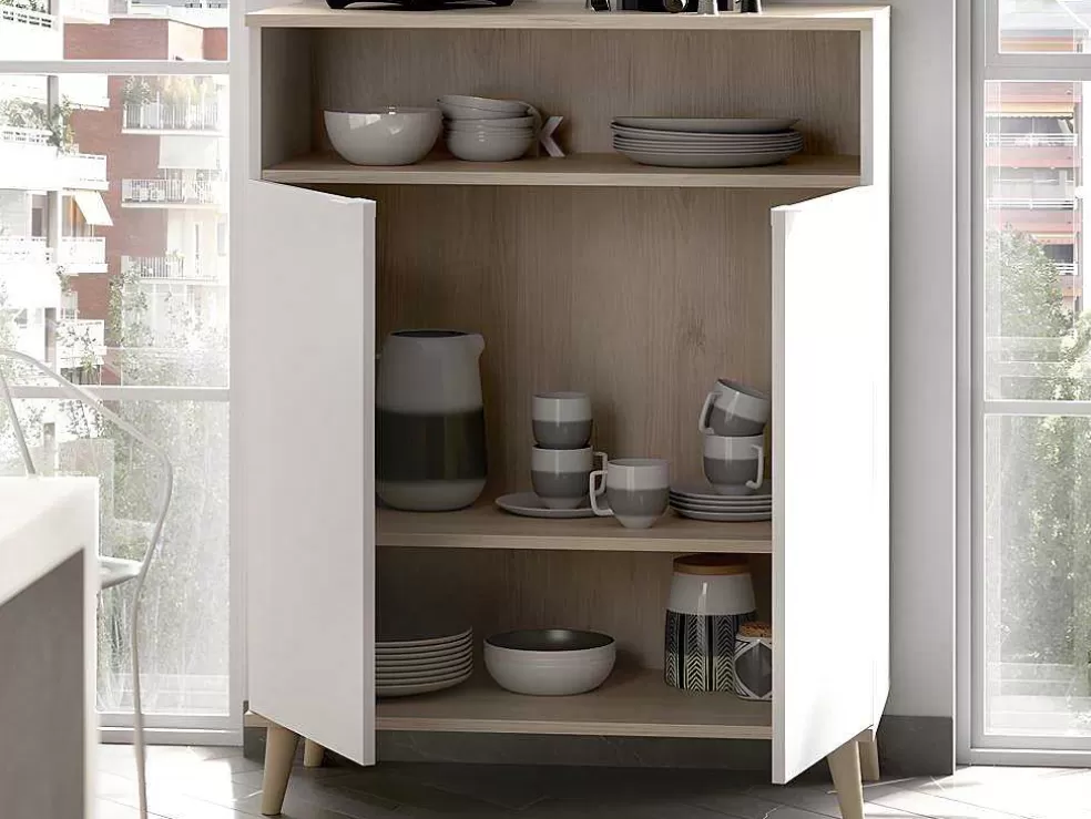Vente-unique Aparador De Cozinha Com 2 Portas E 1 Nicho Cor Branco E Carvalho - Wajdi* Móvel De Cozinha
