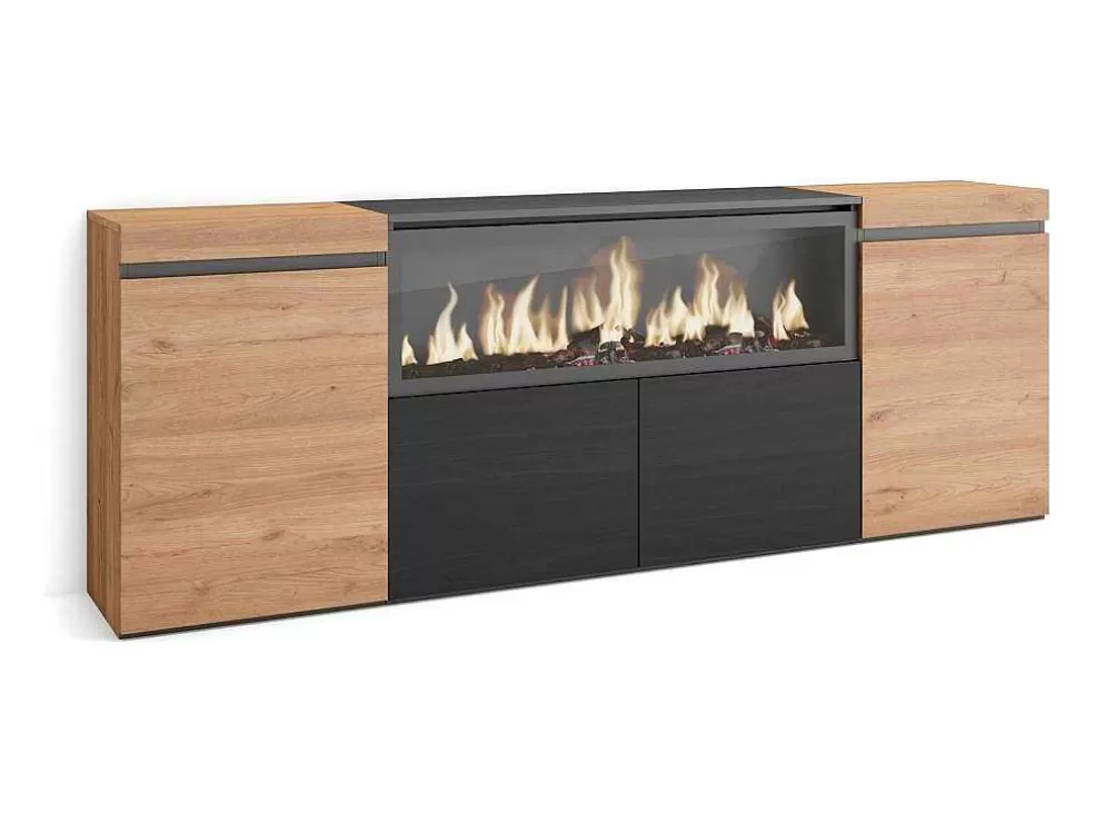 Skraut Home Aparador Sala De Jantar, 210, 4 Portas, Lareira Electrica Xxl, Carvahlo E Preto* Aparador