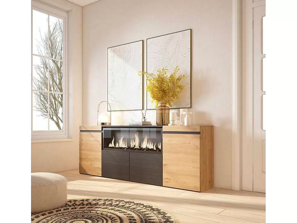 Skraut Home Aparador Sala De Jantar, 210, 4 Portas, Lareira Electrica Xxl, Carvahlo E Preto* Aparador