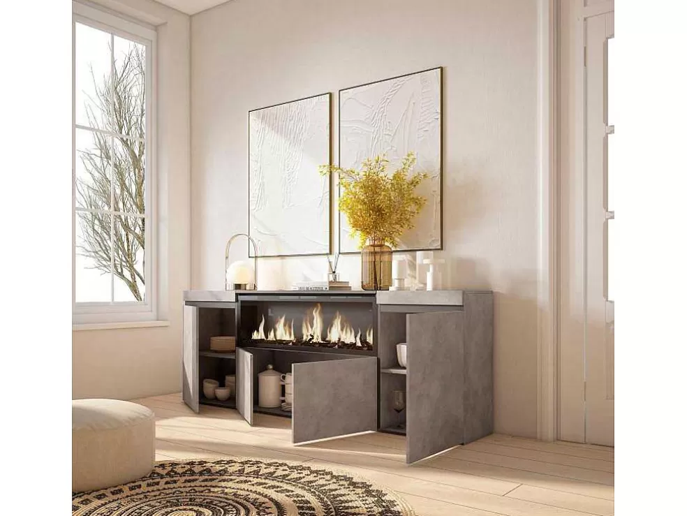 Skraut Home Aparador Sala De Jantar, 210, 4 Portas, Lareira Electrica Xxl, Cimento* Aparador