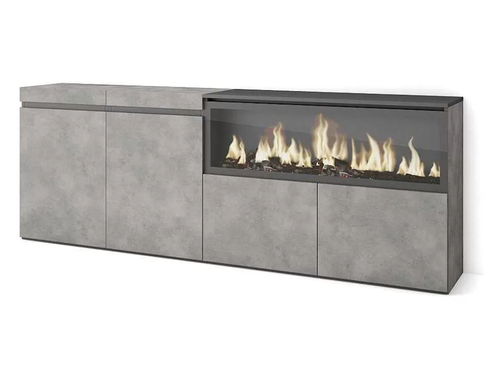 Skraut Home Aparador Sala De Jantar, 210, 4 Portas, Lareira Electrica Xxl, Cimento* Aparador