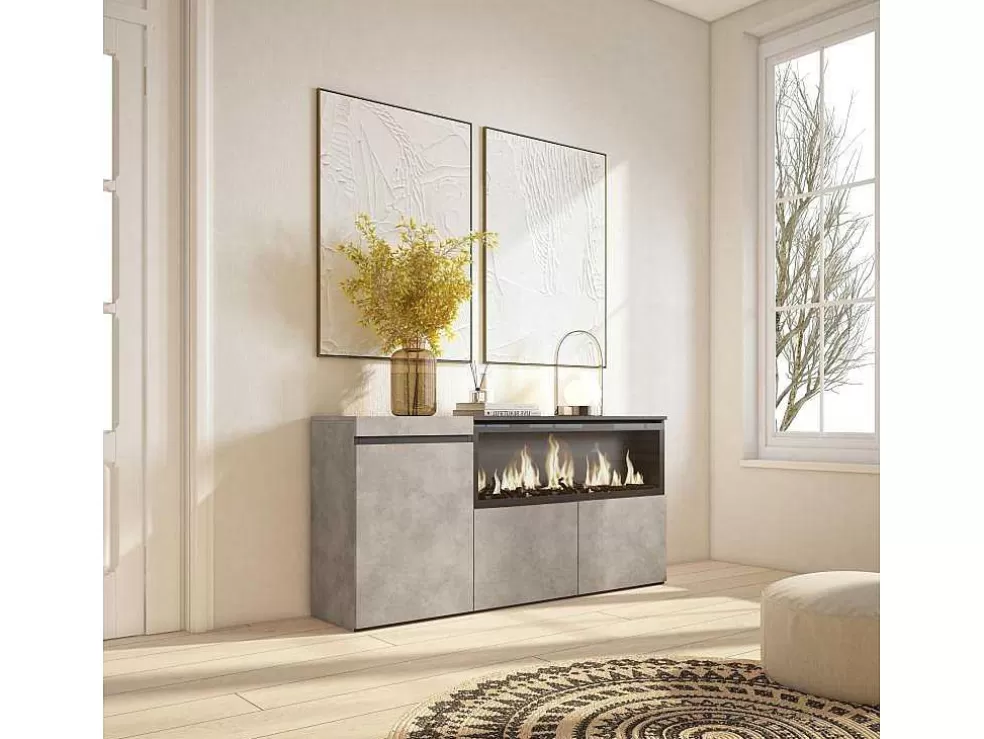 Skraut Home Aparador Sala De Jantar, 160, 3 Portas, Lareira Electrica Xxl, Cimento* Aparador