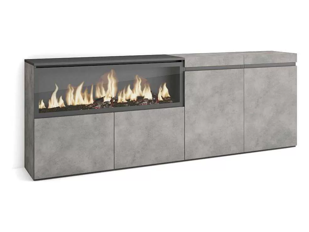 Skraut Home Aparador Sala De Jantar, 210, 4 Portas, Lareira Electrica Xxl, Cimento* Aparador