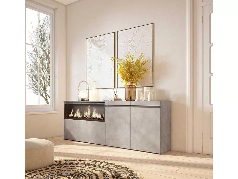 Skraut Home Aparador Sala De Jantar, 210, 4 Portas, Lareira Electrica Xxl, Cimento* Aparador