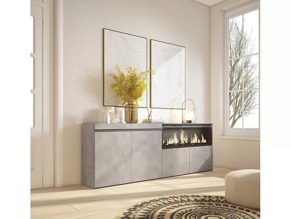 Skraut Home Aparador Sala De Jantar, 210, 4 Portas, Lareira Electrica Xxl, Cimento* Aparador