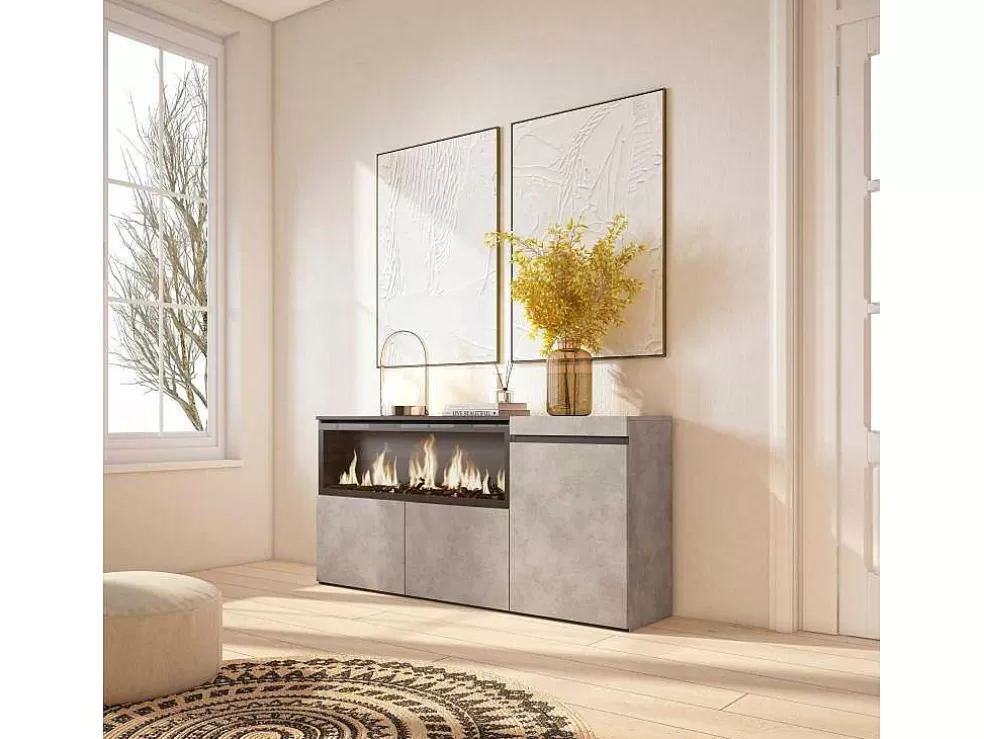 Skraut Home Aparador Sala De Jantar, 160, 3 Portas, Lareira Electrica Xxl, Cimento* Aparador