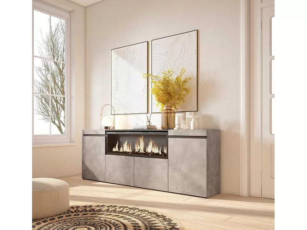 Skraut Home Aparador Sala De Jantar, 210, 4 Portas, Lareira Electrica Xxl, Cimento* Aparador