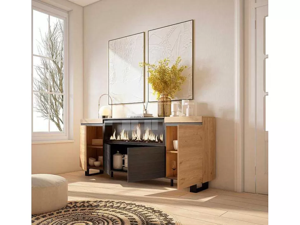 Skraut Home Aparador Sala De Jantar, 210, 4 Portas, Lareira Electrica Xxl, Design Industrial, Carvahlo E Preto* Aparador