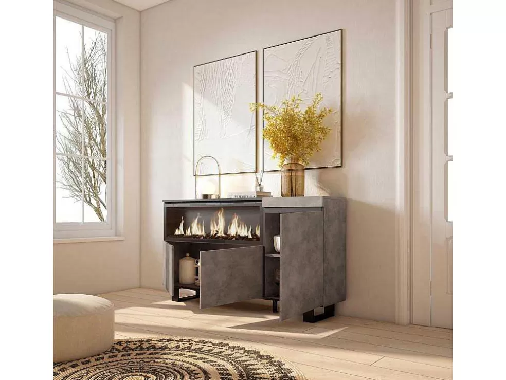 Skraut Home Aparador Sala De Jantar, 160, 3 Portas, Lareira Electrica Xxl, Design Industrial, Cimento* Aparador