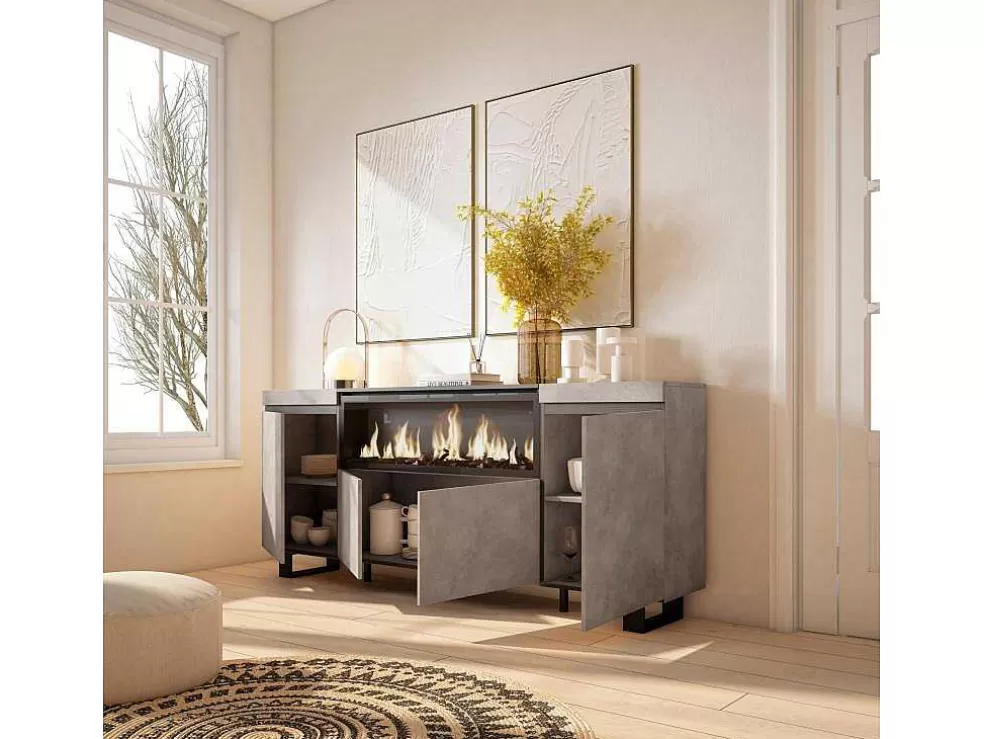 Skraut Home Aparador Sala De Jantar, 210, 4 Portas, Lareira Electrica Xxl, Design Industrial, Cimento* Aparador