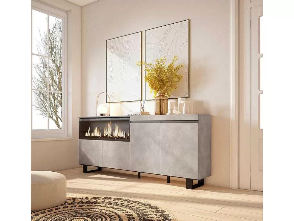 Skraut Home Aparador Sala De Jantar, 210, 4 Portas, Lareira Electrica Xxl, Design Industrial, Cimento* Aparador
