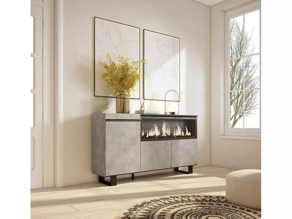 Skraut Home Aparador Sala De Jantar, 160, 3 Portas, Lareira Electrica Xxl, Design Industrial, Cimento* Aparador