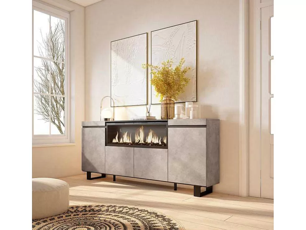 Skraut Home Aparador Sala De Jantar, 210, 4 Portas, Lareira Electrica Xxl, Design Industrial, Cimento* Aparador