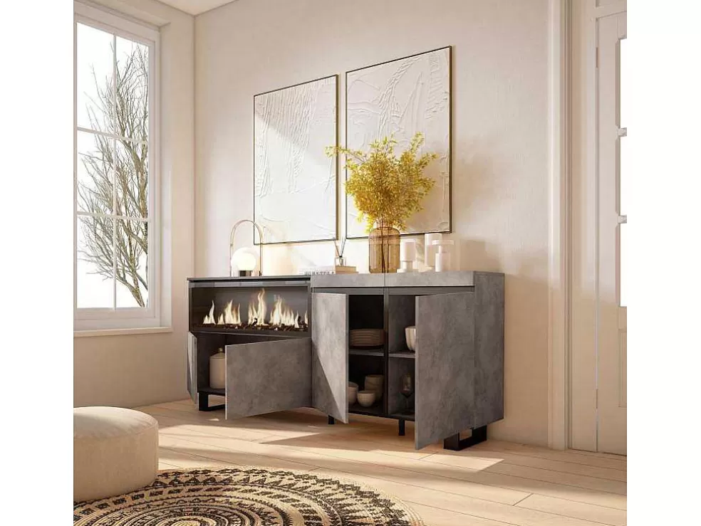 Skraut Home Aparador Sala De Jantar, 210, 4 Portas, Lareira Electrica Xxl, Design Industrial, Cimento* Aparador