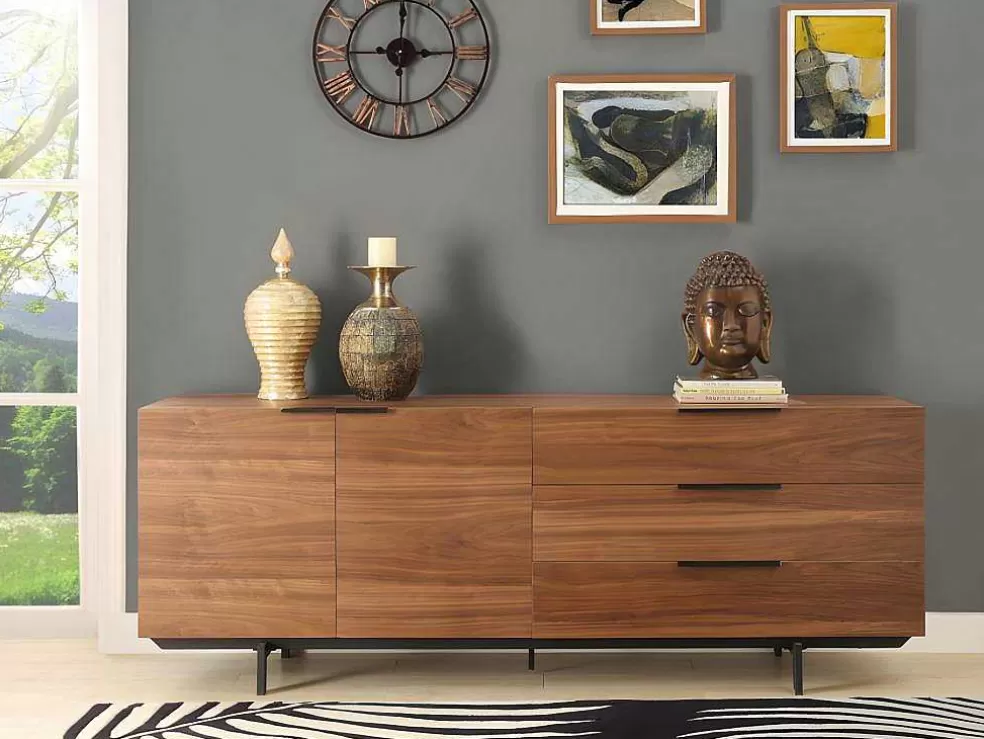Vente-unique Aparador Tayron 200 Cm - 2 Portas E 3 Gavetas - Mdf E Pés De Metal - Cor De Noz* Aparador