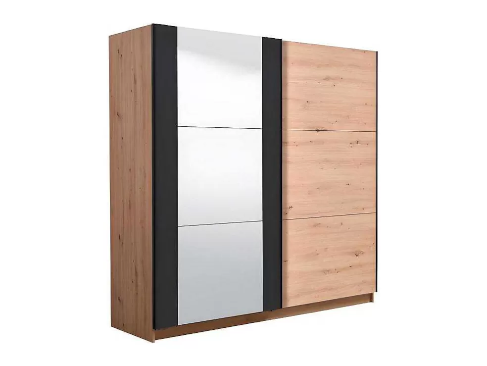 Vente-unique Armário Com 2 Portas De Correr E Espelho C.217 Cm Carvalho E Preto - Philadelphie* Armário E Roupeiro