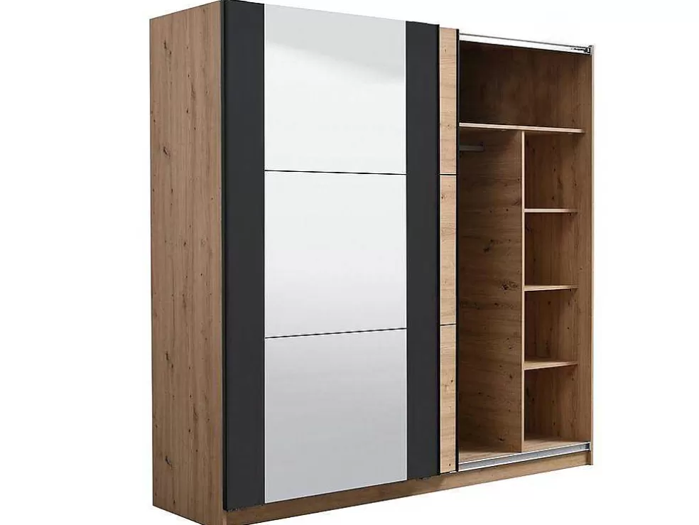 Vente-unique Armário Com 2 Portas De Correr E Espelho C.217 Cm Carvalho E Preto - Philadelphie* Armário E Roupeiro