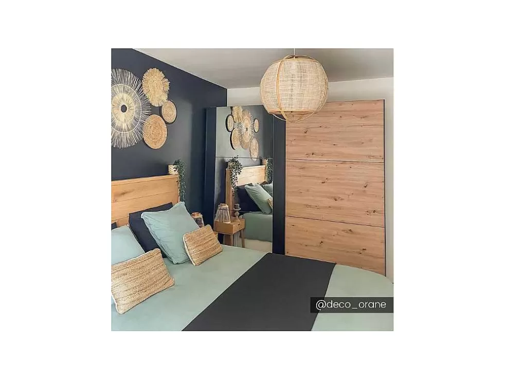 Vente-unique Armário Com 2 Portas De Correr E Espelho C.217 Cm Carvalho E Preto - Philadelphie* Armário E Roupeiro