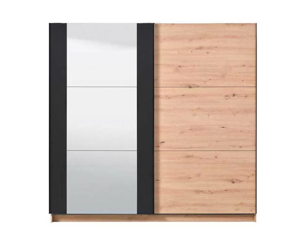 Vente-unique Armário Com 2 Portas De Correr E Espelho C.217 Cm Carvalho E Preto - Philadelphie* Armário E Roupeiro