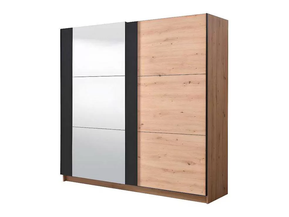 Vente-unique Armário Com 2 Portas De Correr E Espelho C.217 Cm Carvalho E Preto - Philadelphie* Armário E Roupeiro
