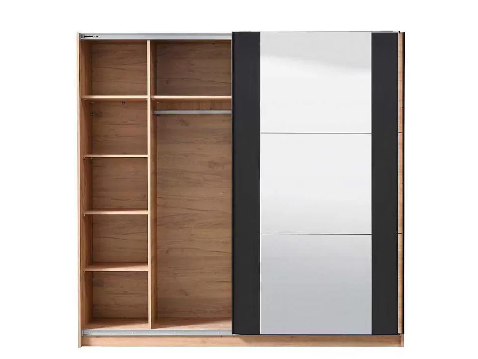 Vente-unique Armário Com 2 Portas De Correr E Espelho C.217 Cm Carvalho E Preto - Philadelphie* Armário E Roupeiro