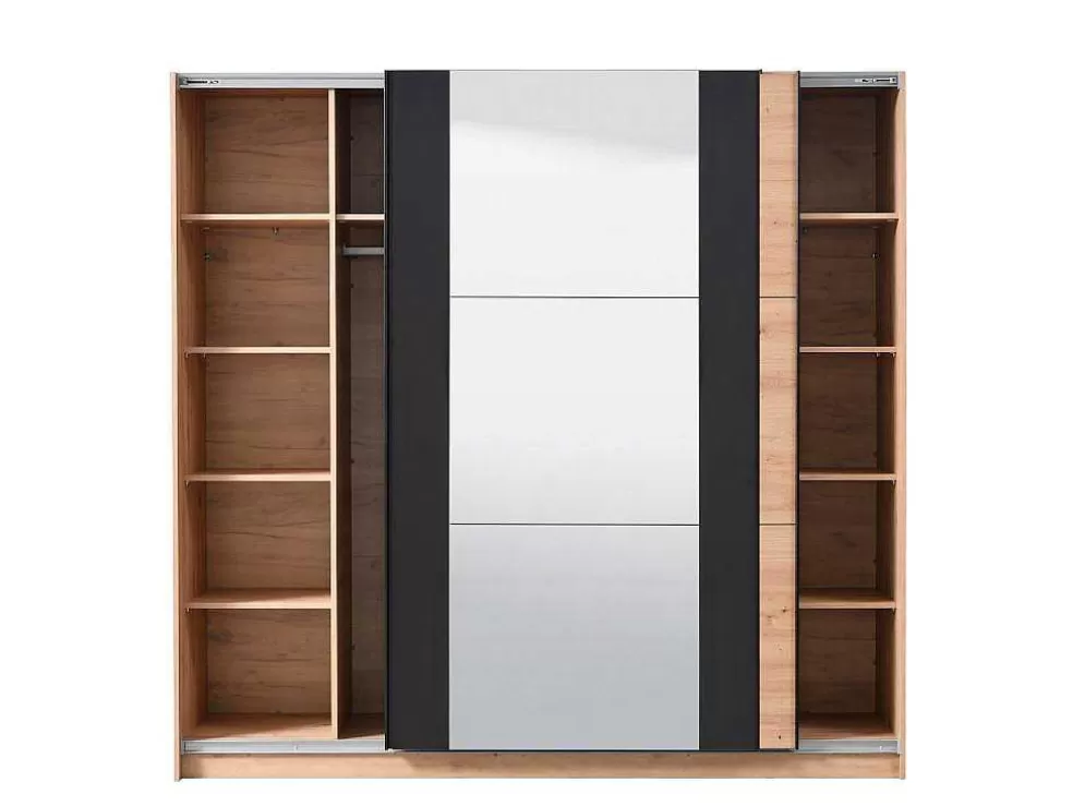Vente-unique Armário Com 2 Portas De Correr E Espelho C.217 Cm Carvalho E Preto - Philadelphie* Armário E Roupeiro