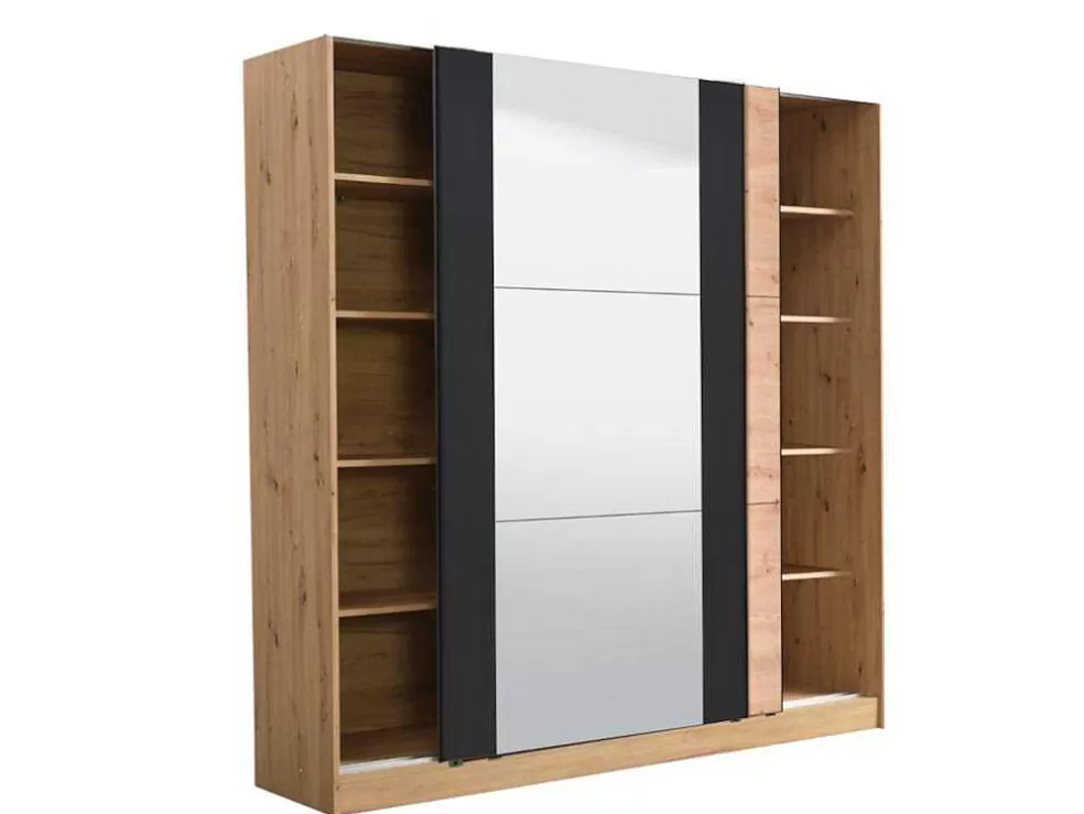 Vente-unique Armário Com 2 Portas De Correr E Espelho C.217 Cm Carvalho E Preto - Philadelphie* Armário E Roupeiro