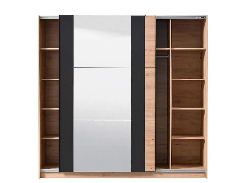 Vente-unique Armário Com 2 Portas De Correr E Espelho C.217 Cm Carvalho E Preto - Philadelphie* Armário E Roupeiro