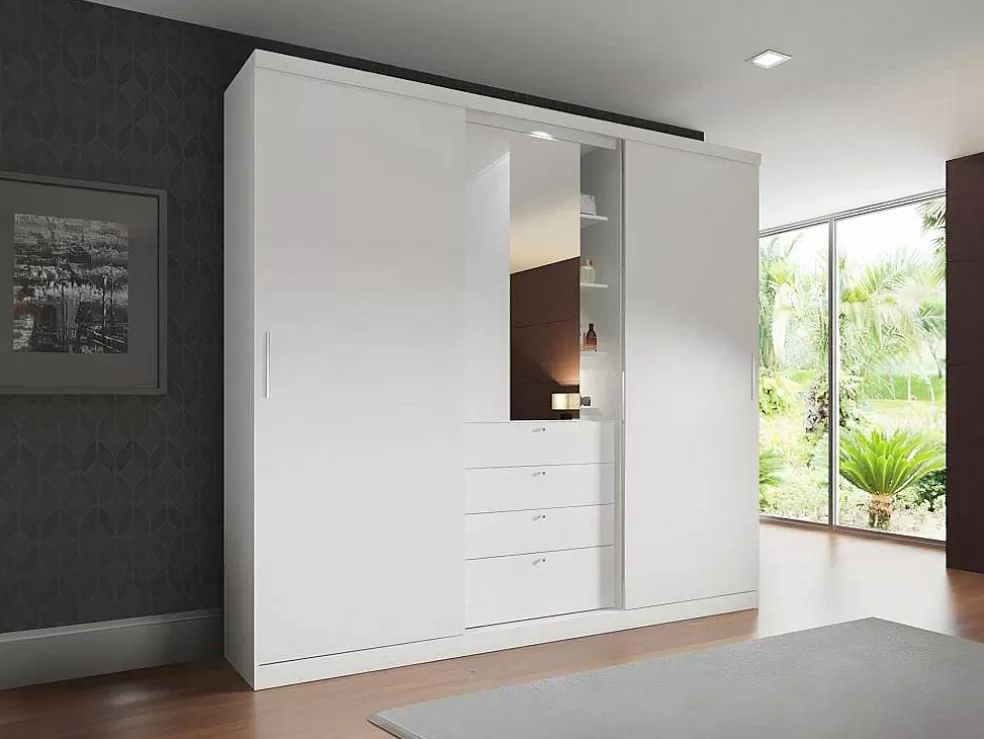 Vente-unique Armário Com Portas Deslizantes Espelho E Gavetas C.240Cm Branco - Bodil* Armário E Roupeiro