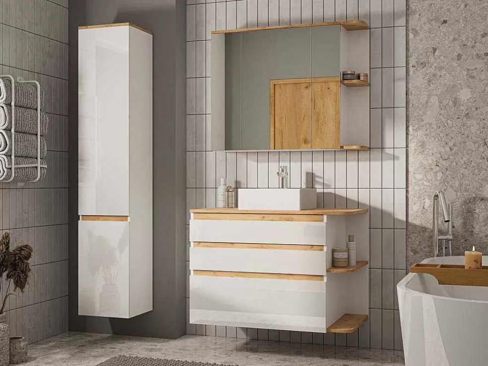 Vente-unique Armário De Parede De Casa De Banho Com Espelhos Cor Natural Clara E Branca 94 Cm - Anida* Móvel De Parede Para Casa De Banho