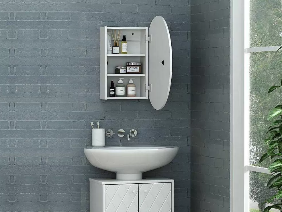 Vente-unique Armário De Parede Oval Para Casa De Banho Com Espelho Cor Branco - Ruri* Móvel De Parede Para Casa De Banho