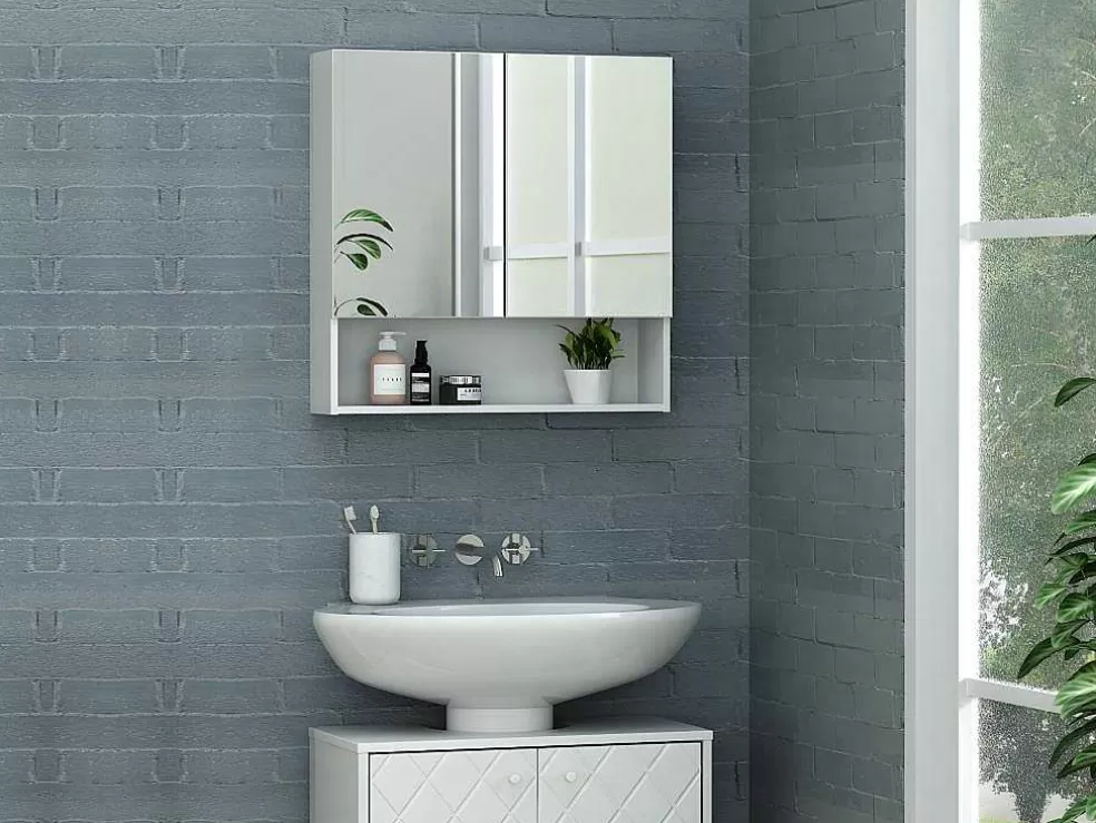 Vente-unique Armário De Parede Para Casa De Banho Com Espelho E Nicho Cor Branco - Zumpa* Móvel De Parede Para Casa De Banho