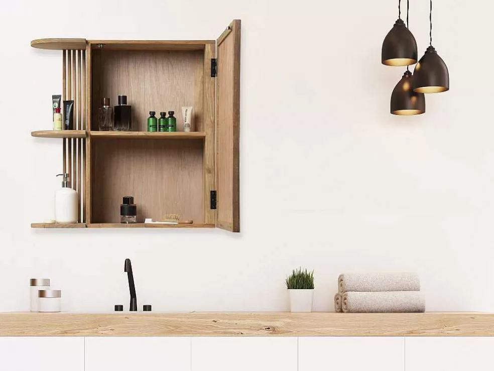 OZAIA Armário De Parede Para Casa De Banho Em Teca Com Espelho E Nichos Cor Natural - Cimahi* Móvel De Parede Para Casa De Banho