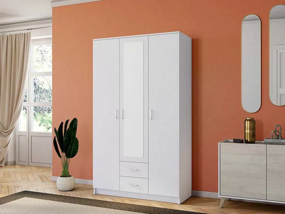 Vente-unique Armário Olessia - 3 Portas & 2 Gavetas - Com Espelho - C120 Cm - Branco* Armário E Roupeiro