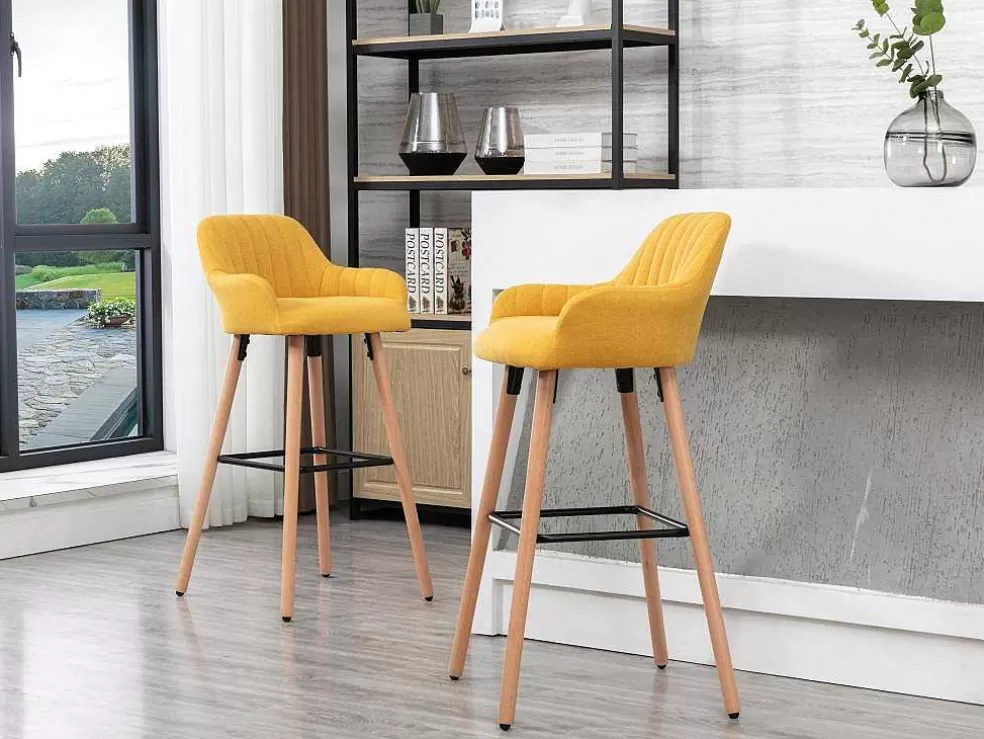 Vente-unique Banco Alto Em Tecido E Pés Em Madeira De Faia Cor Amarelo - Eleana* Bancos De Bar
