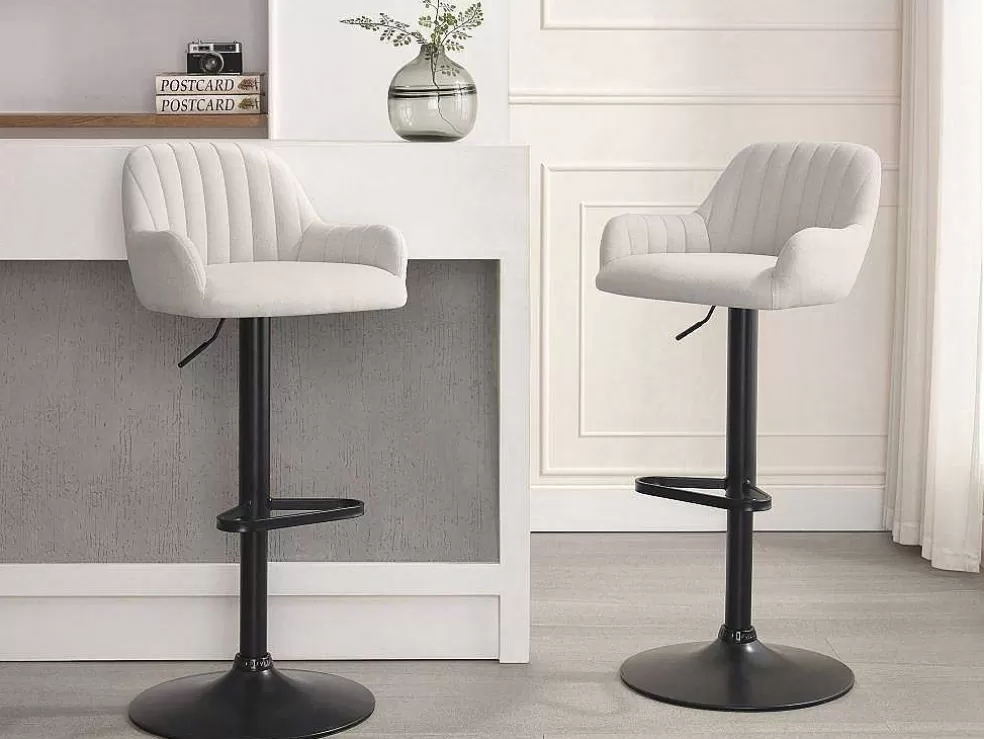 Vente-unique Banco Alto Tecido E Metal Preto, Altura Ajustavel, Cor Creme - Eleana* Bancos De Bar