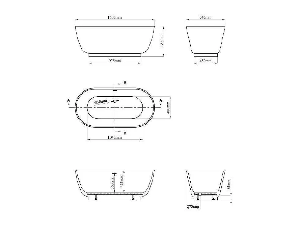 Shower & Design Banheira Clássica Oval 210 L, 150 X 74 X 57 Cm Braco Acrilico - Mobula* Banheira De Pousar