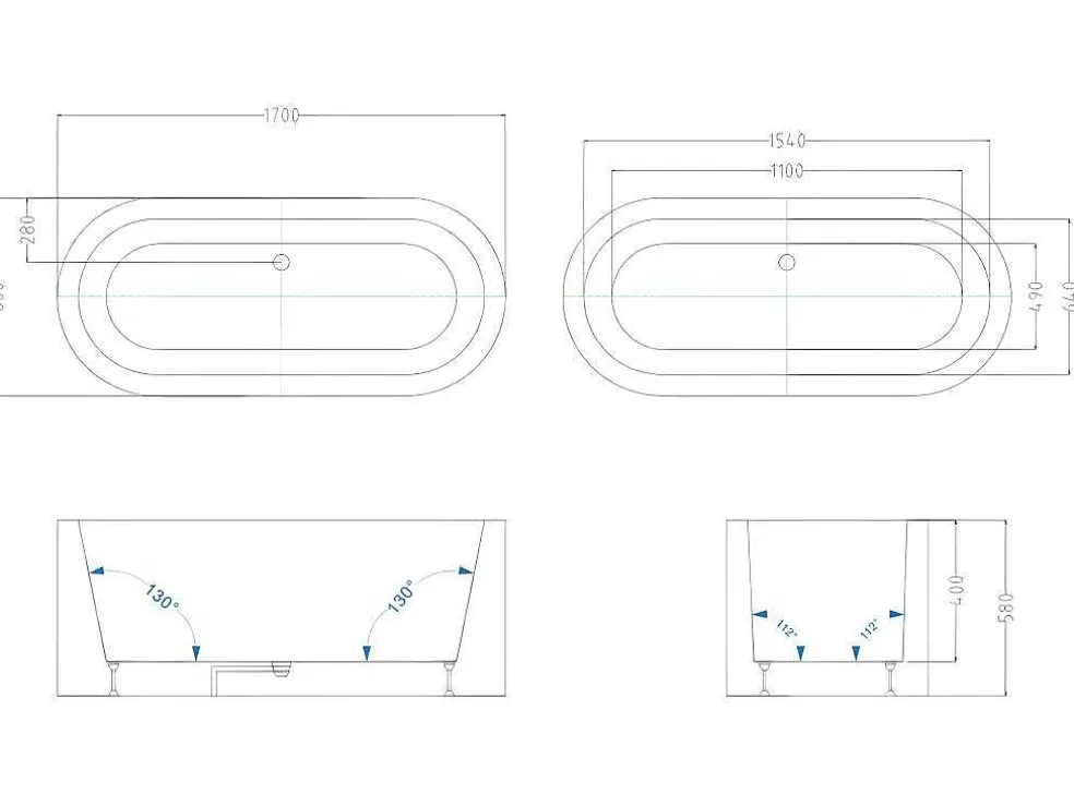 Shower & Design Banheira Clássica Oval 200 L, 170 X 80 X 58 Cm Cor Preta Em Acrilico - Neptuna* Banheira De Pousar