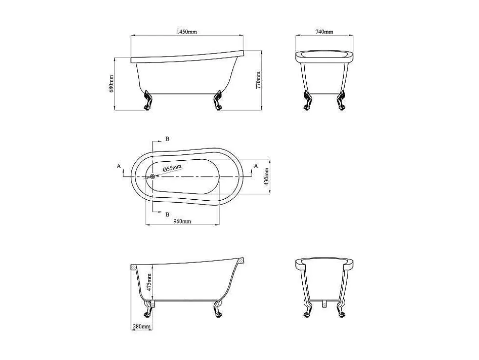 Shower & Design Banheira Clássica Oval Estilo Retro De 171 L Dimensoes 145 X 74 X 77 Cm Com Pés Pata De Leao Brancos - Nisos* Banheira Com Pés