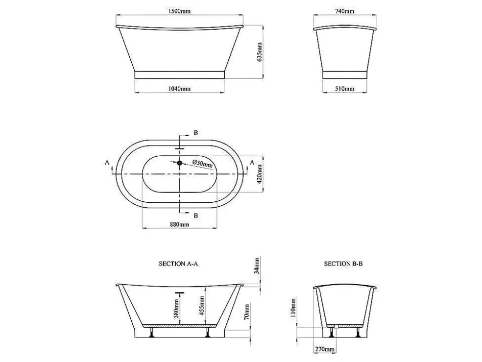 Shower & Design Banheira Clássica Oval Estilo Retro De 180 L, Dimensoes 150 X 74 X 63 Cm Cor Branco Em Acrilico - Pelmato* Banheira De Pousar