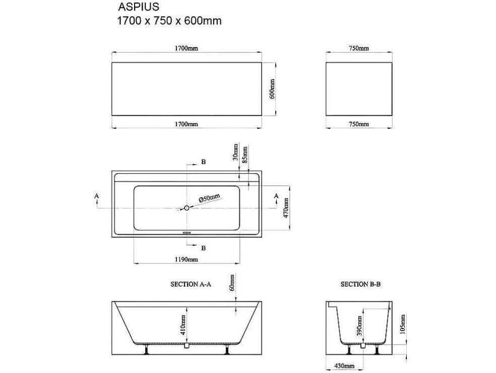 Shower & Design Banheira Clássica Retangular De 280 L Dimensoes 170 X 75 X 60 Cm Cor Branco Em Acrilico - Aspius* Banheira De Pousar