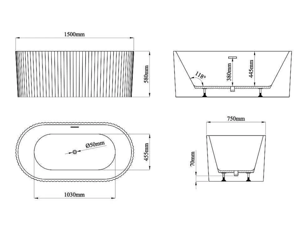 Shower & Design Banheira De Acrilico Estriada, Branco Brilhante, 220 L, 150 X 75 X 58 Cm - Aliena* Banheira De Pousar