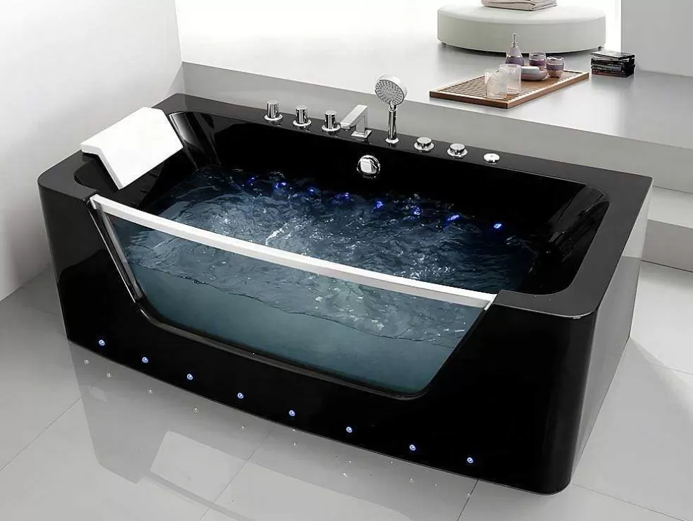 Shower & Design Banheira De Hidromassagem De Vidro Com Leds Dyona - 1 Péssoa - 260L - 170X85X58 Cm - Preto* Promoções Casa De Banho & Bem-Estar