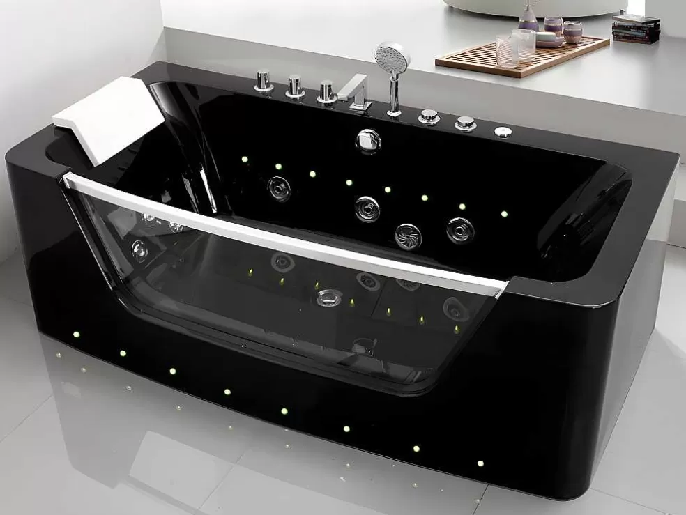 Shower & Design Banheira De Hidromassagem De Vidro Com Leds Dyona - 1 Péssoa - 260L - 170X85X58 Cm - Preto* Promoções Casa De Banho & Bem-Estar