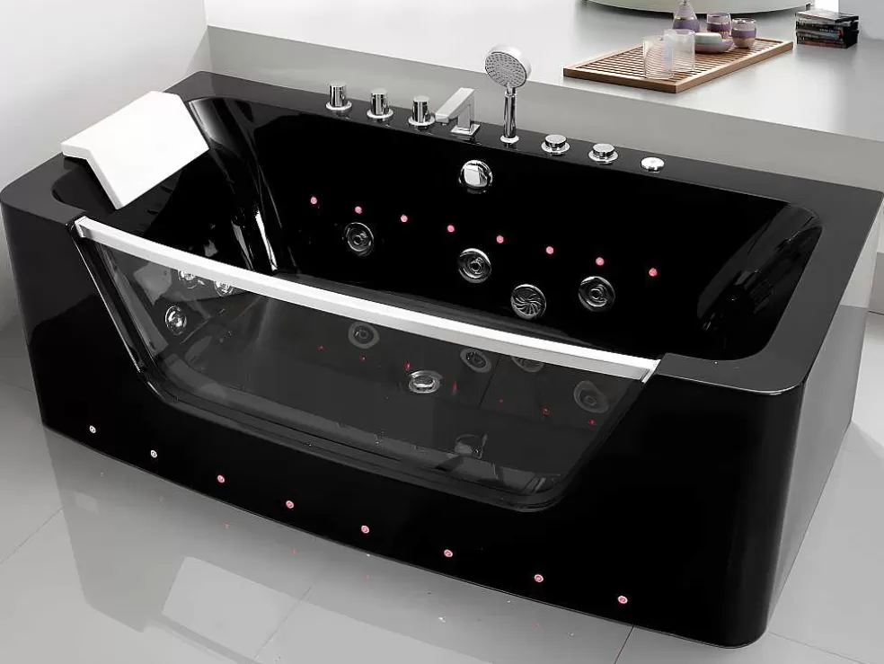 Shower & Design Banheira De Hidromassagem De Vidro Com Leds Dyona - 1 Péssoa - 260L - 170X85X58 Cm - Preto* Promoções Casa De Banho & Bem-Estar