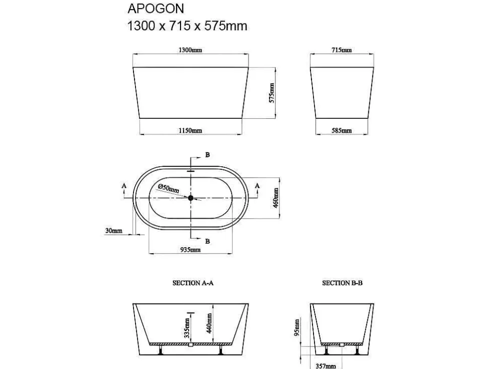 Shower & Design Banheira Oval Clássica, 180 L, 130 X 71 X 58 Cm Acrilico Preto - Apogon* Banheira De Pousar